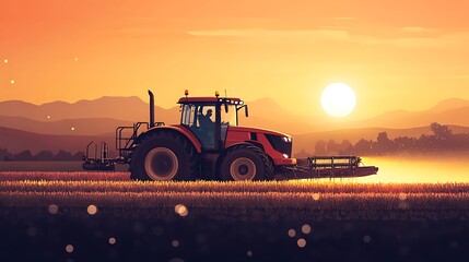 Obraz premium A tractor working in a field during sunset, highlighting agricultural activity and rural life.