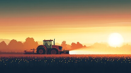 Fototapeta premium A tractor spraying crops at sunset, highlighting agricultural practices and rural landscapes.