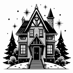 Christmas House Vector silhouette,house in winter 