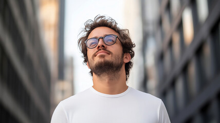 Fototapeta premium A smiling man in glasses stands confidently between tall buildings, exuding a relaxed and optimistic demeanor.