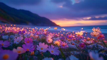 Enchanting Sunset Over Flower-Filled Lakeside Landscape with Mountains