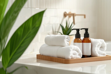 Towels and bottles of body care products on wooden tray against white wall in spa salon.