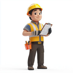 a 3D Asian cartoon-style safety officer engineer in various professional working poses on a construction site. The character wears a high-visibility safety vest, helmet, and gloves.