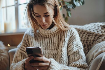 Fototapeta premium A woman sits on a couch, focused on her cell phone