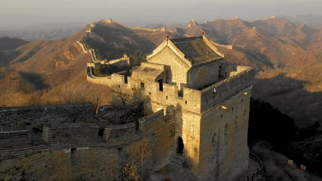 Flying over the Great Wall of China at Dawn