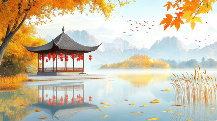 Fototapeta premium Autumn outdoor nature scenery in illustration style