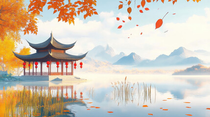 Obraz premium Autumn outdoor nature scenery in illustration style