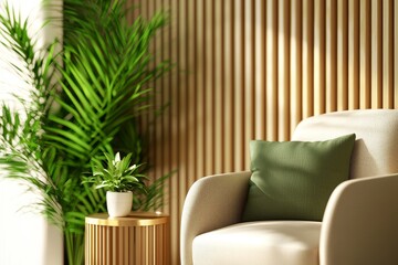 Cozy interior with a modern chair, green plant, and wooden accents, perfect for relaxation and contemporary decor.,3D illustration