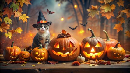 Cat with witch hat in halloween day with pumpkins and bat, halloween day theme background