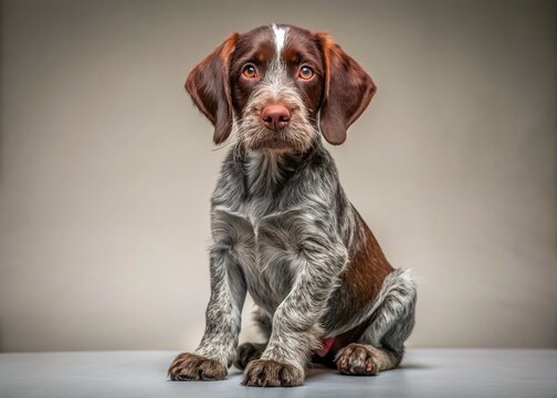 Adorable German Wirehaired Pointer puppy with floppy ears and curious eyes sitting on a smooth studio background, showcasing its unique wiry coat and playful demeanor.
