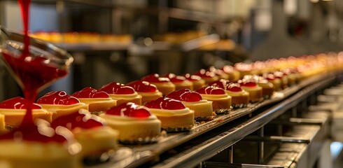 Butter cookies being filled with red jam in the machine at the factory