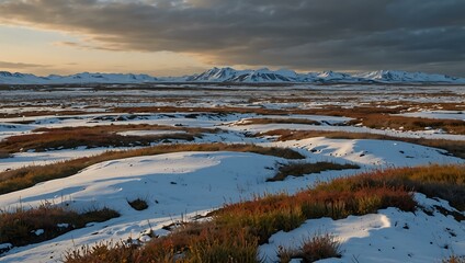 Arctic tundra with snow patches and hardy low-lying vegetation.