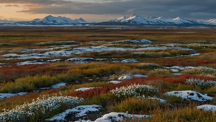 Arctic tundra with snow patches and hardy shrubs.