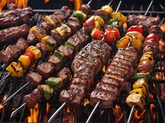 A sizzling barbecue grill with skewers of juicy marinated meats. Shish kebab on the barbecue.