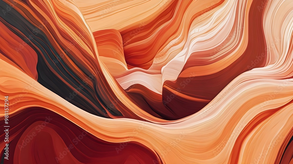 Poster an abstract composition showcasing smooth waves of warm orange and red tones, evoking a sense of dep
