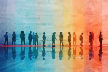 A group of people standing together in front of a vibrant, multicolored wall