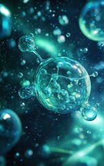 Abstract close-up image of a glowing molecule under a microscope, representing scientific research, chemistry, and molecular biology.