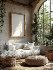 Cozy living room with a white sofa and a large window.