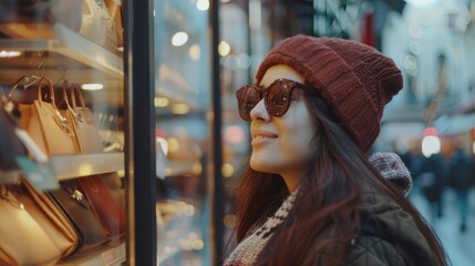 A woman in a hat and sunglasses looks at handbags, possibly shopping or trying on styles