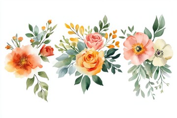 This collection showcases beautifully crafted watercolor paintings of vintage floral bouquets, featuring charming roses, delicate wildflowers, and luscious green leaves for a stunning effect