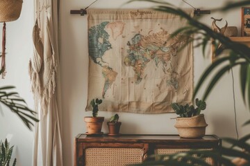 A map hangs on the wall next to some potted plants, great for illustration or decoration
