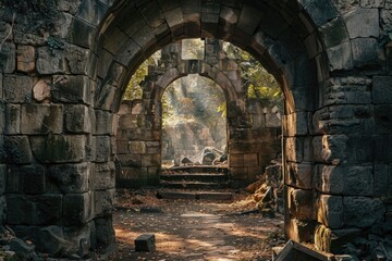 Fototapeta premium A stone arch with a bench in the middle, surrounded by a stone wall