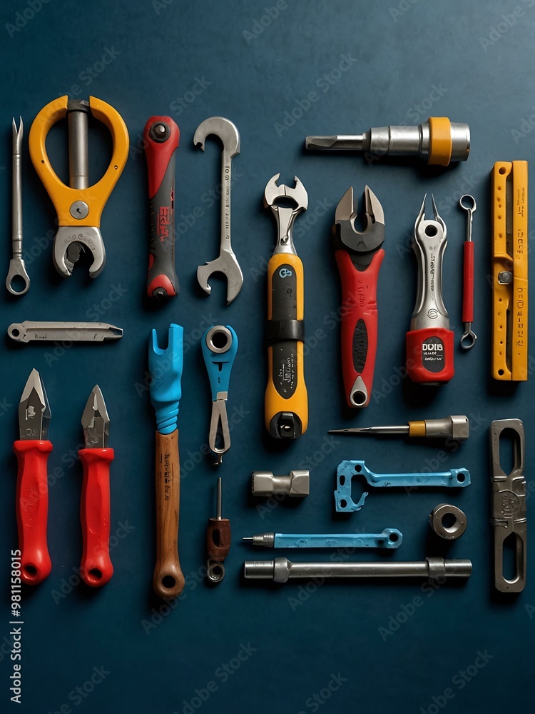 Poster array of tools arranged on a blue surface.