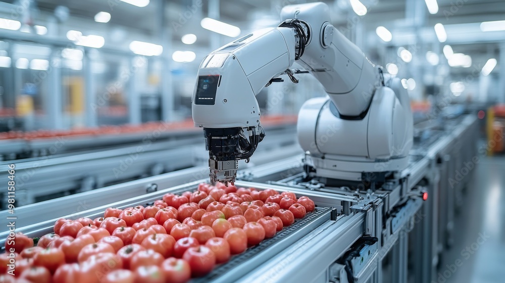 Poster automated robotic arm sorting fresh tomatoes on a conveyor belt in a processing facility