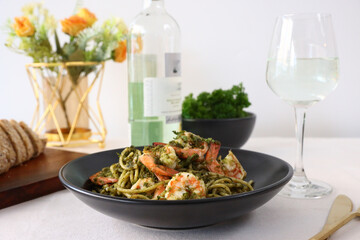 ispaghetti with pesto and shrimp Vegetarian vegetable low carb pasta.Italian food .Traditional Italian cuisine.