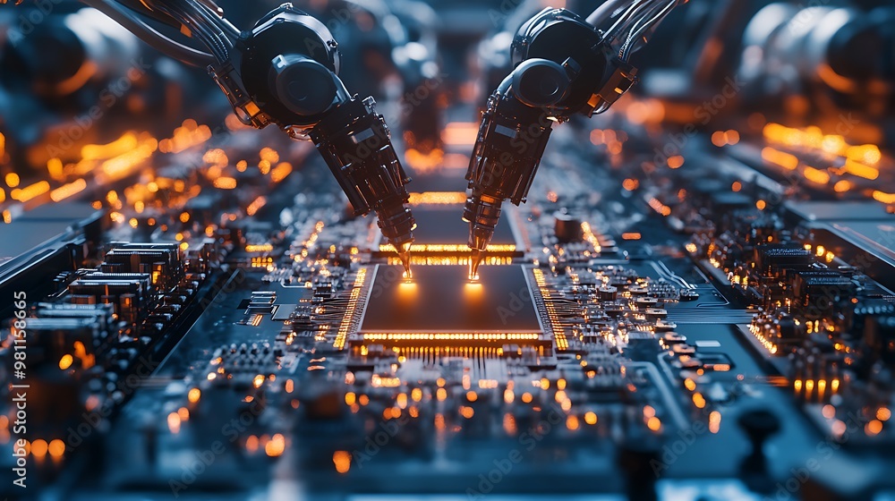 Poster robot arms assembling a microchip