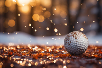 Christmas or fall themed golf ball with warm golden lights in the background