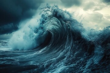 massive ocean wave curling dramatically turbulent sea during storm spray catching sunlight moody sky backdrop