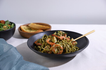 ispaghetti with pesto and shrimp Vegetarian vegetable low carb pasta.Italian food .Traditional Italian cuisine.