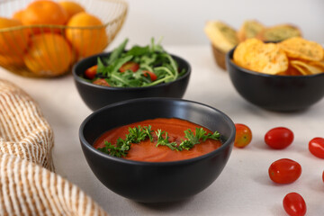 salad tomato soup and chips in black bowl healthy eating, healthy lifestyle
