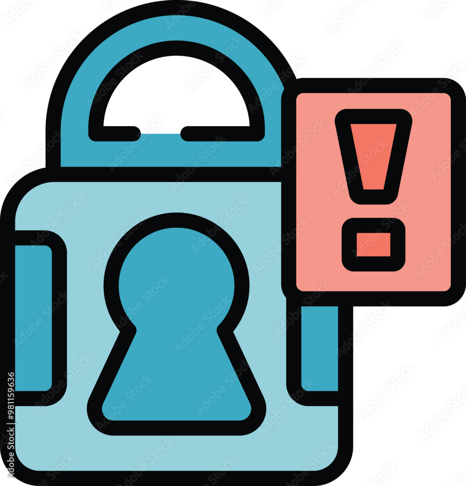 Poster digital illustration of a padlock with an exclamation point warning sign, representing a security br