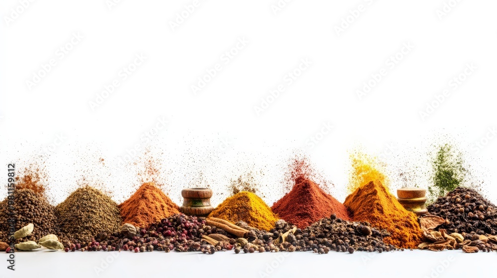 Poster a vibrant array of colorful spices arranged in piles against a white background, showcasing the dive