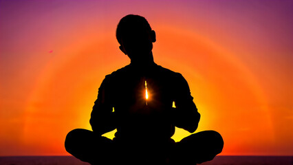 Silhouette of a meditative man with buddhism elements, chakras and aura, in dhyana or samadhi mudra, lit by a light source creates sharp contrast, conveys calmness, peace and reflection