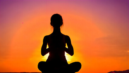 Silhouette of a meditative man with buddhism elements, chakras and aura, in dhyana or samadhi mudra, lit by a light source creates sharp contrast, conveys calmness, peace and reflection