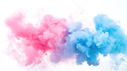 Fototapeta premium Soft pink and blue smoke clouds blending in fluid. Dynamic motion against a bright backdrop. Ink swirling together in water. Abstract background
