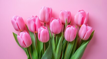 Obraz premium A beautiful bouquet of pink tulips arranged elegantly on a soft pink background, evoking a sense of springtime freshness