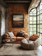 Rustic living room with a comfy couch and a large window overlooking a field.