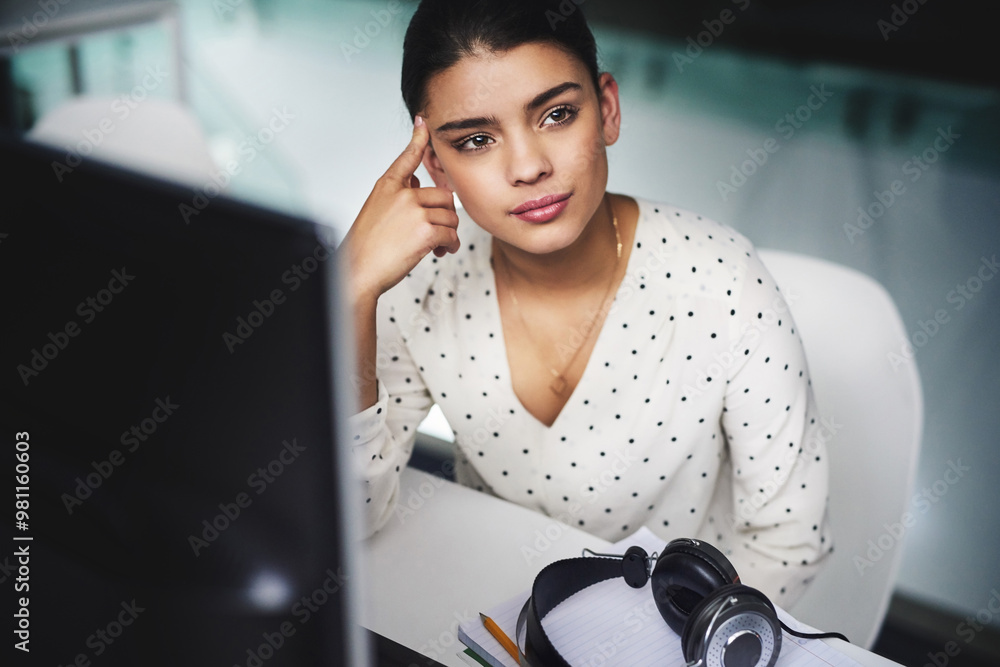 Poster Woman, thinking and consultant in office at night, call centre agent and contemplating career. Female person, help desk operator and plan for future of job in workplace, telemarketer and late shift