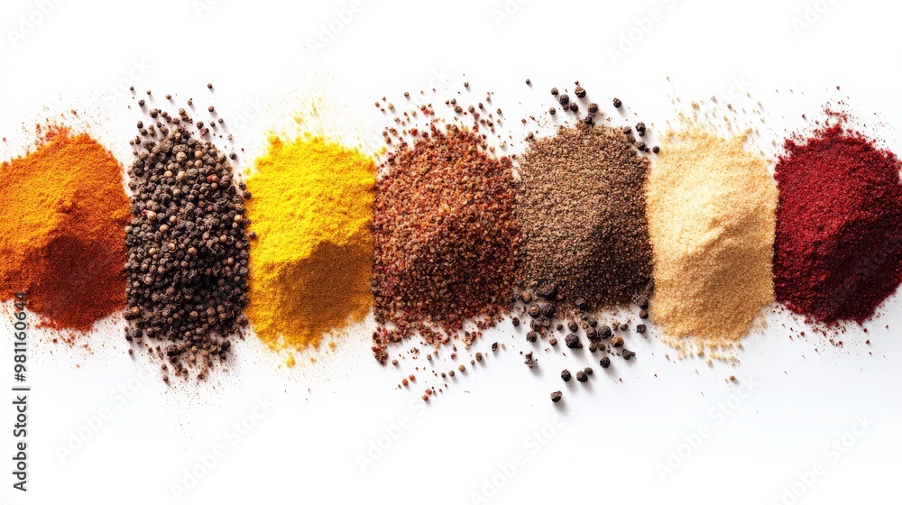 Poster a vibrant assortment of spices in various colors neatly arranged in a line on a white background, sh