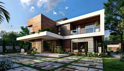 Fototapeta premium Exterior view of modern villa with garden and swimming pool.