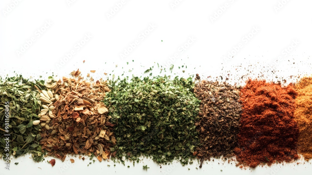 Poster a vibrant mix of assorted spices arranged in a row on a white background, showcasing variety in colo
