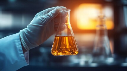 chemical laboratory scene with a scientist holding a flask, highlighting the research and testing process involved in studying reactions and chemical compounds