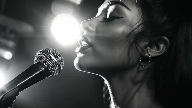 This woman delivers an emotional vocal performance while singing into a microphone.