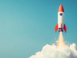 A colorful rocket launches into a blue sky, leaving a trail of smoke, symbolizing exploration and innovation.