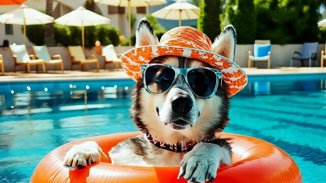 A playful Siberian Husky, wearing cool sunglasses and a vibrant orange hat, relaxes in a pool on a sunny day. The dog is floating on an inflatable swim ring, exuding a summer vibe.
