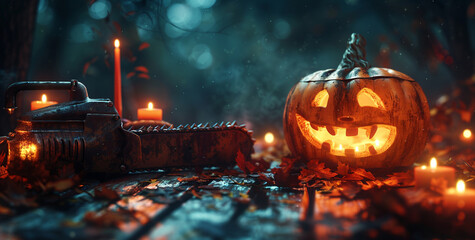 A spooky Halloween scene with a pumpkin, flickering candles, and an old rusty chainsaw on a wooden table. The dark night is filled with fog, creating a haunting atmosphere.